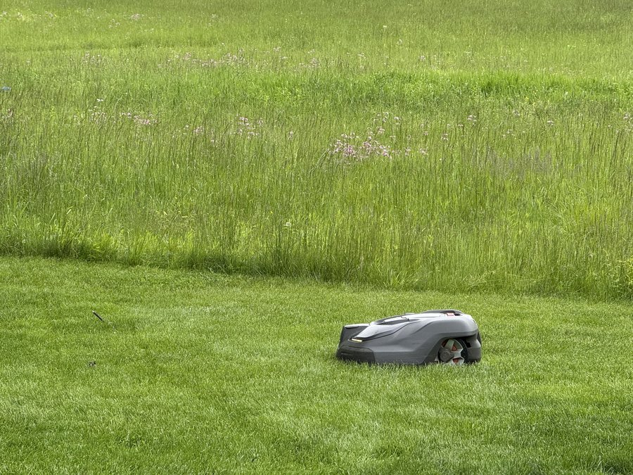Husqvarna Automower in a lush green field