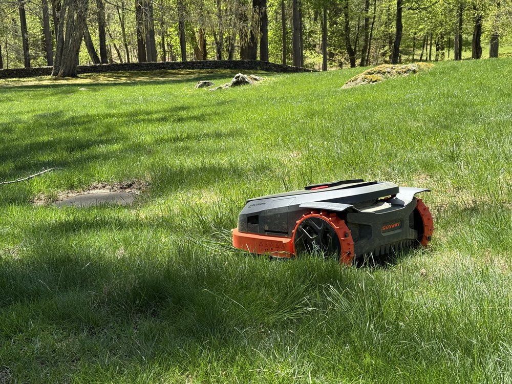 Segway Navimow on a hillside with Connecticut stone wall